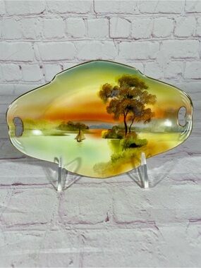 Vintage Noritake Hand Painted Sailboat On River Sunset Relish Dish Gold Trim